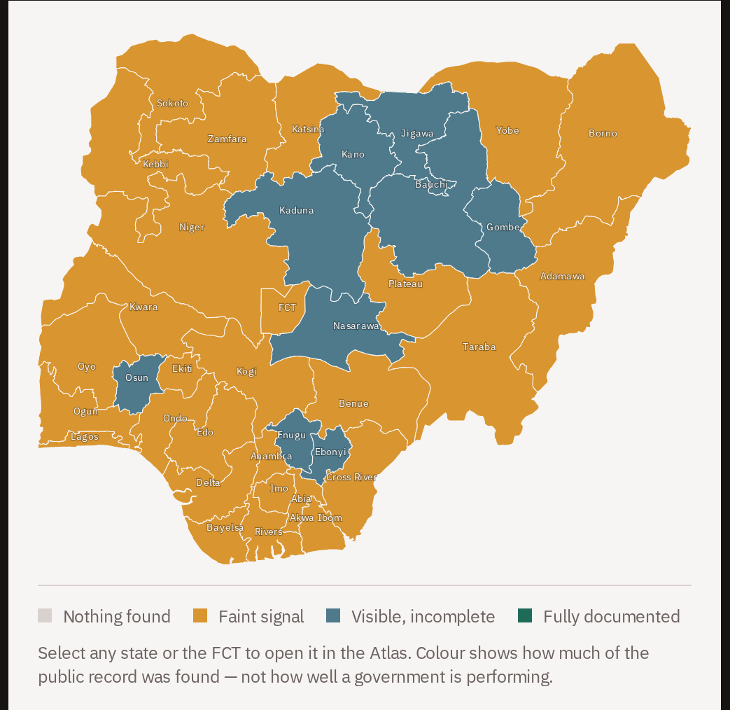 Climate Action Index map of Nigeria showing how much of the public record was found across all 36 states and the Federal Capital Territory