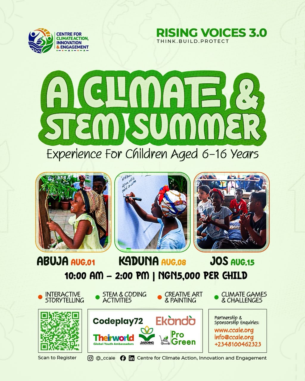 Rising Voices 3.0 flyer: a climate and STEM summer experience for children aged 6-16 in Abuja on 1 August, Kaduna on 8 August and Jos on 15 August 2026, 10am to 2pm, NGN5,000 per child