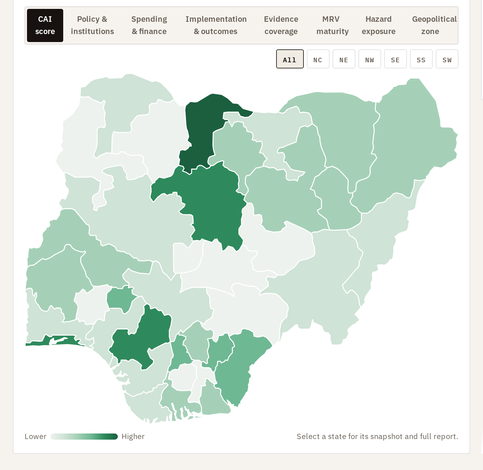 Climate Action Index Map of Nigeria showing state-level climate readiness across all 36 states and the Federal Capital Territory
