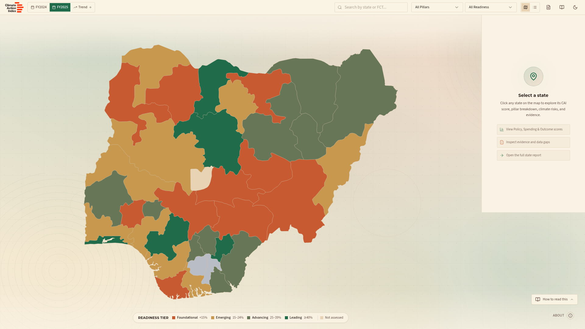 Climate Action Index dashboard showing FY2025 readiness tiers across all 36 Nigerian states and the Federal Capital Territory, colour-coded from Foundational to Leading.